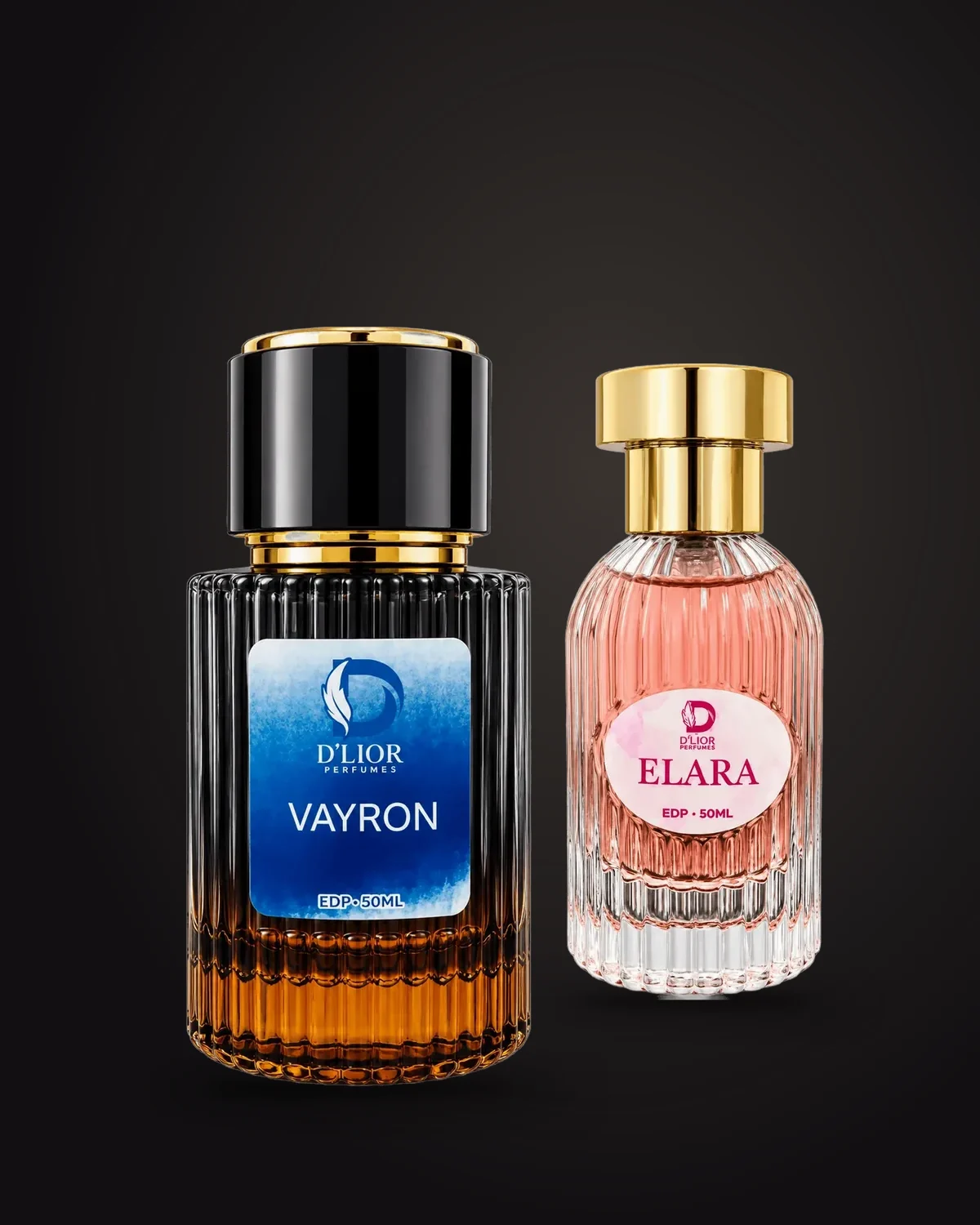 Two D'lior perfumes: Vayron in smoked glass and Elara in ribbed pink glass